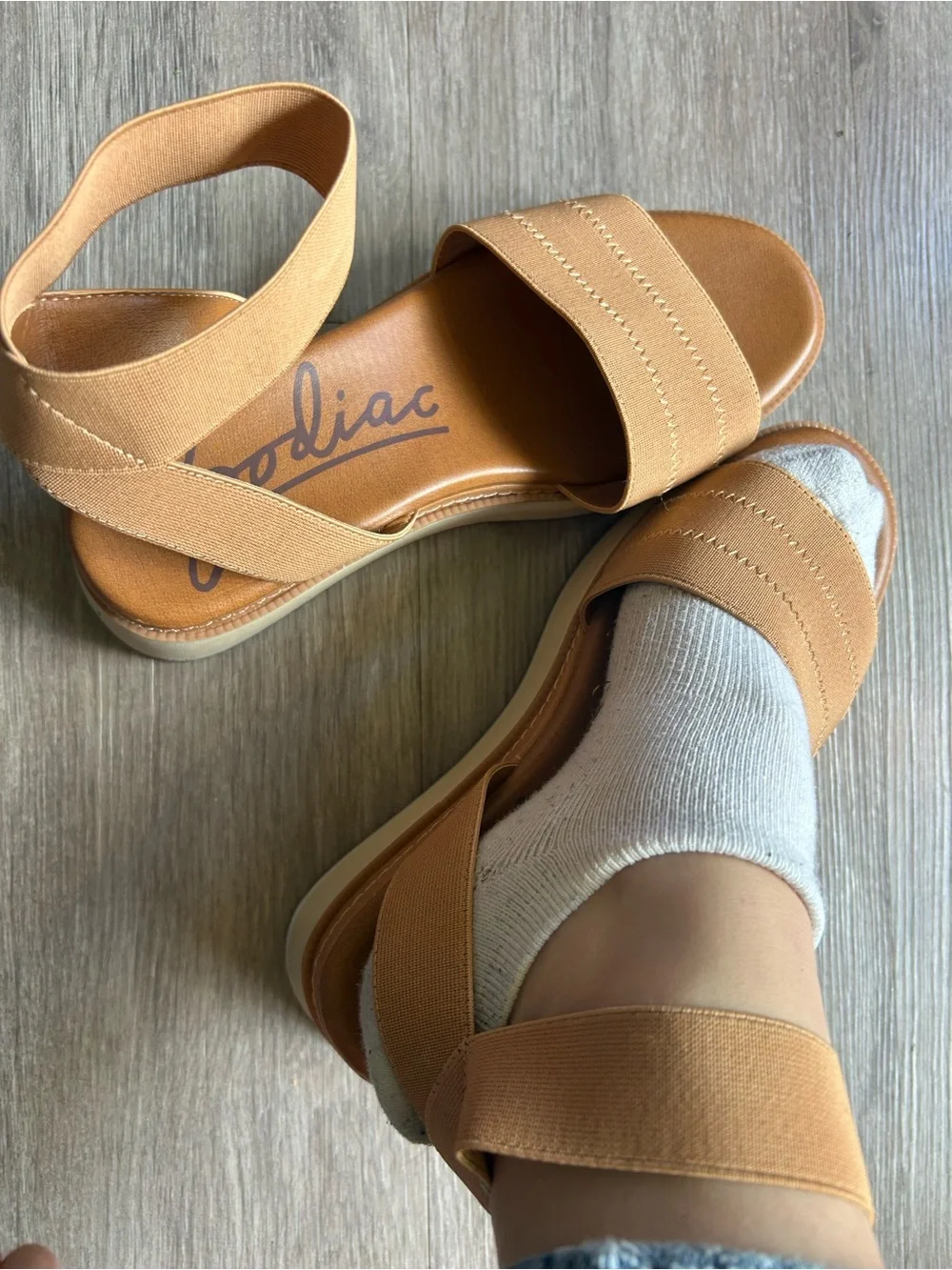 Zodiac Platform Sandal in Tan and Cream with Elastic Ankle Strapping new